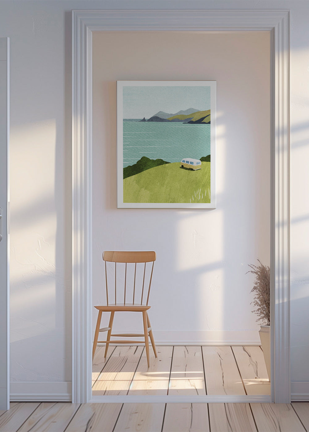 Landskabstryks med varebil ved havet