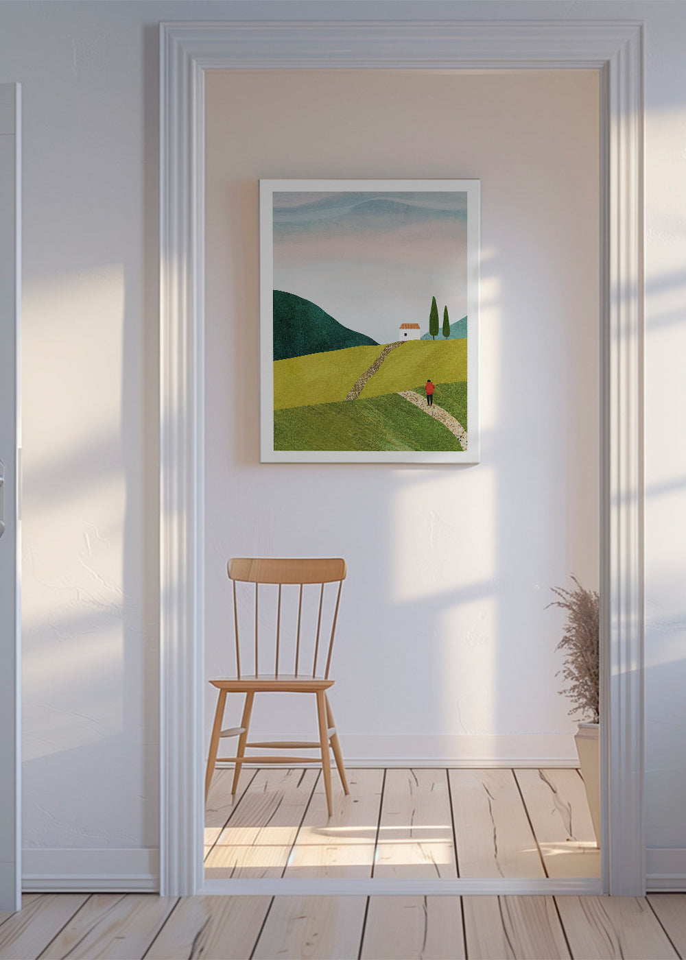 Landskabskunst med sti og lille hus