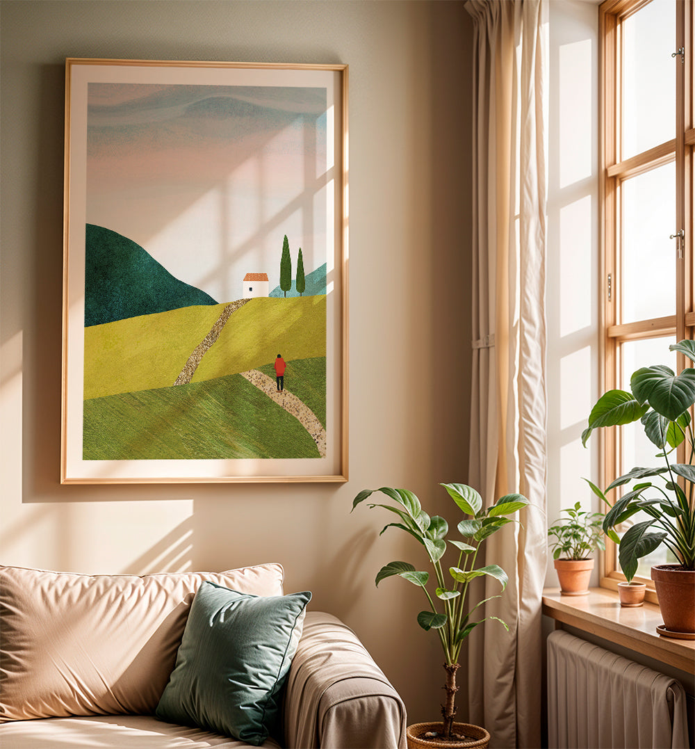 Landskabskunst med sti og lille hus
