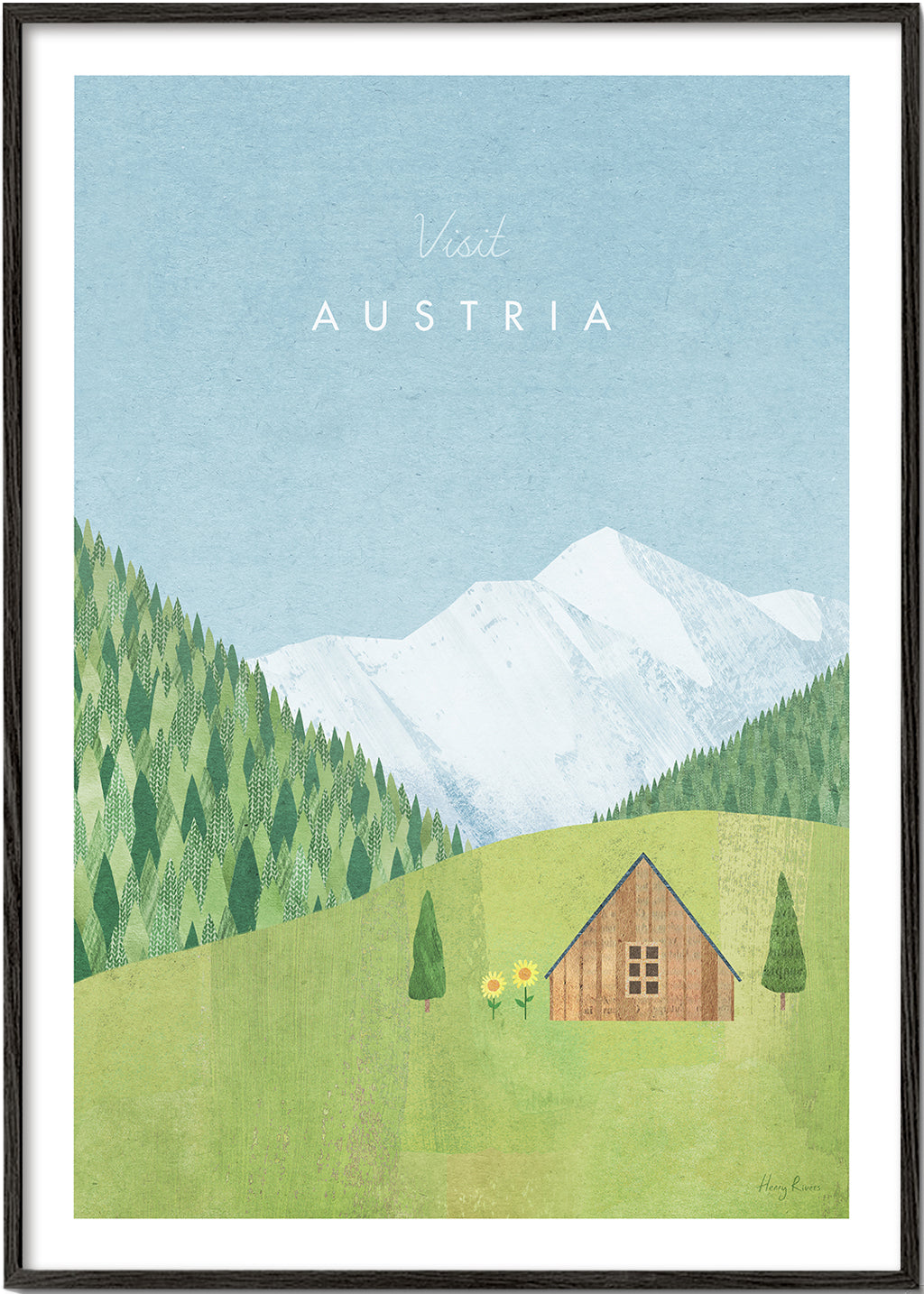 Rejseplakat med illustreret alpelandskab