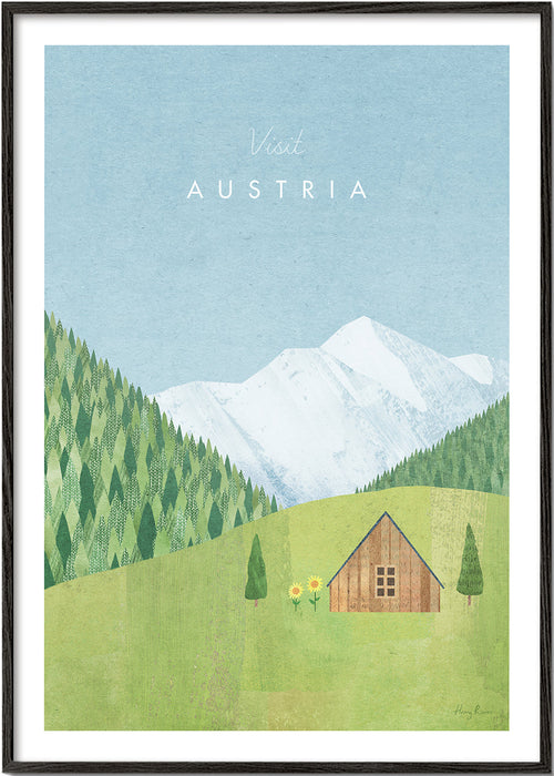 Rejseplakat med illustreret alpelandskab