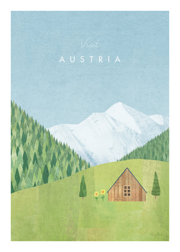 Rejseplakat med illustreret alpelandskab