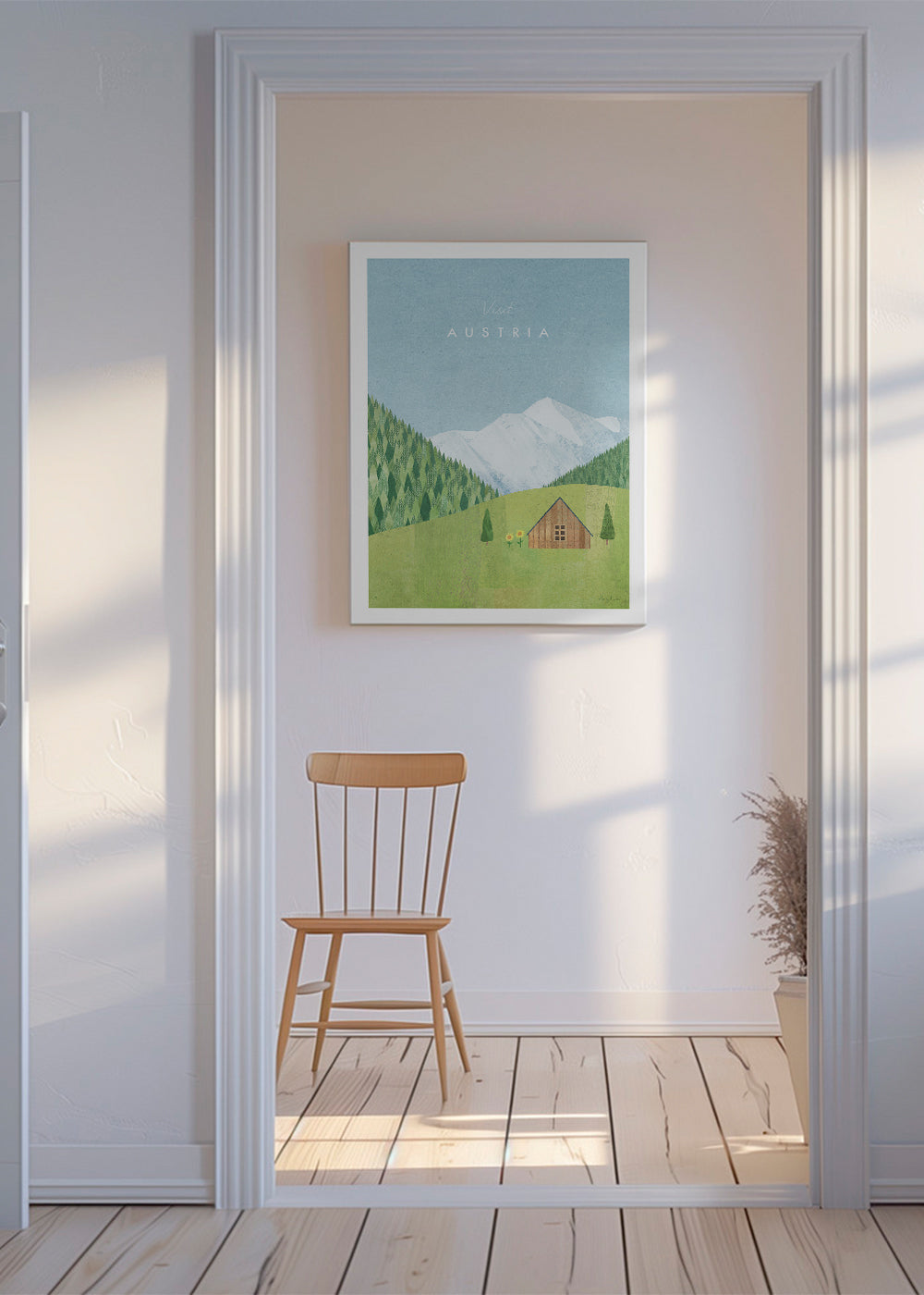 Rejseplakat med illustreret alpelandskab