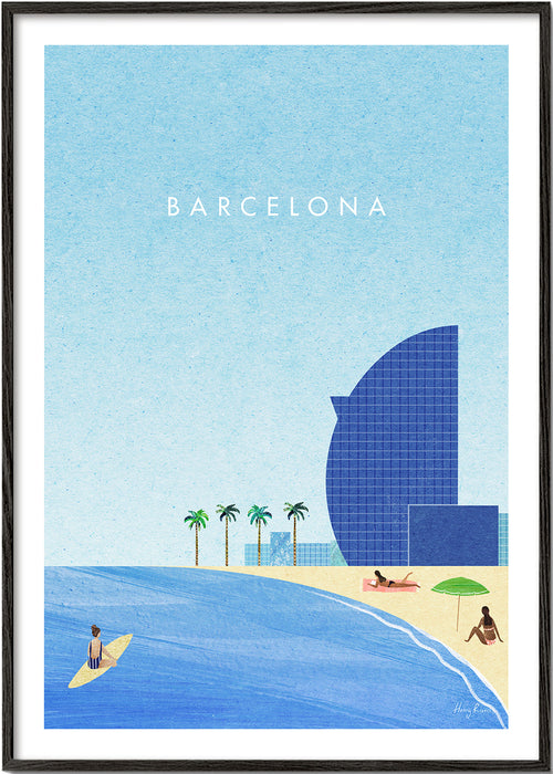 Rejseplakat Barcelona strandillustration