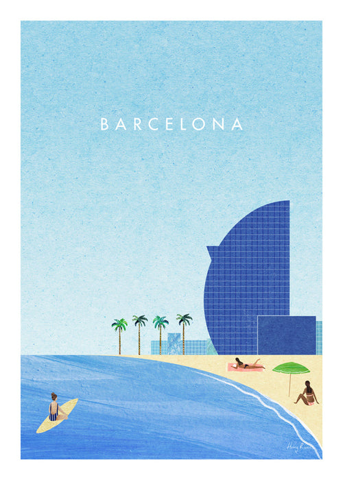 Rejseplakat Barcelona strandillustration