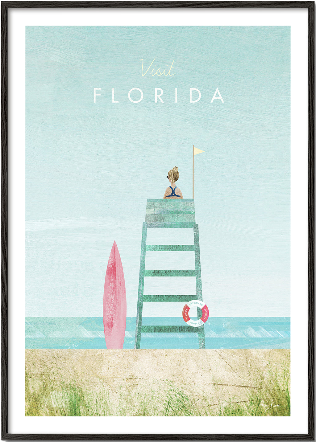 Illustration Florida strand med vagttårn og surfbræt