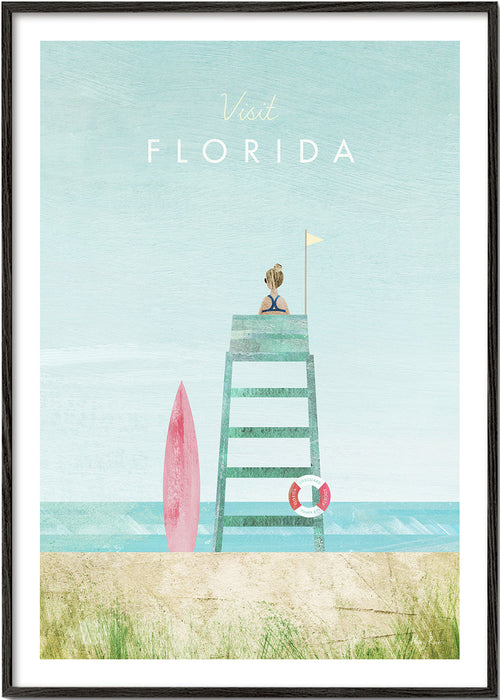 Illustration Florida strand med vagttårn og surfbræt