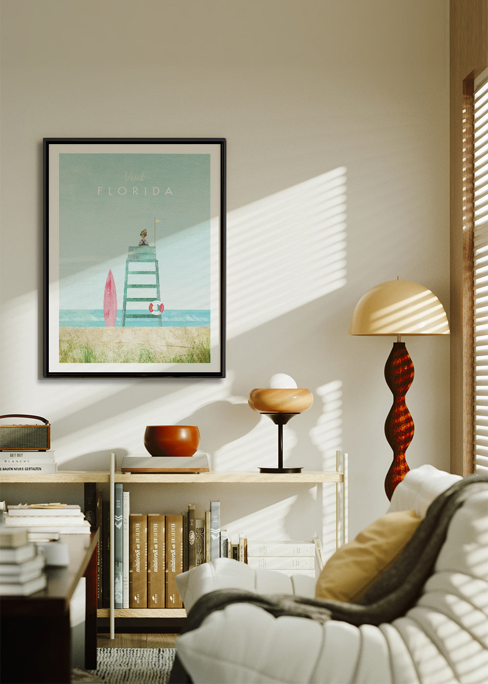 Illustration Florida strand med vagttårn og surfbræt