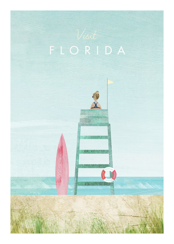 Illustration Florida strand med vagttårn og surfbræt