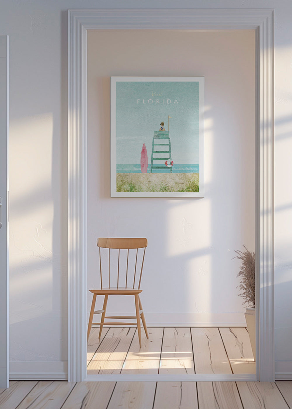Illustration Florida strand med vagttårn og surfbræt