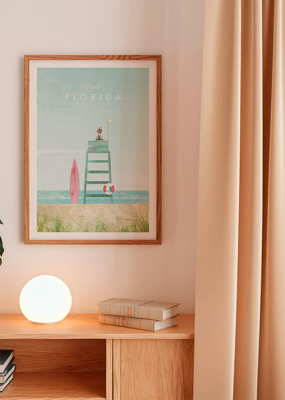 Illustration Florida strand med vagttårn og surfbræt