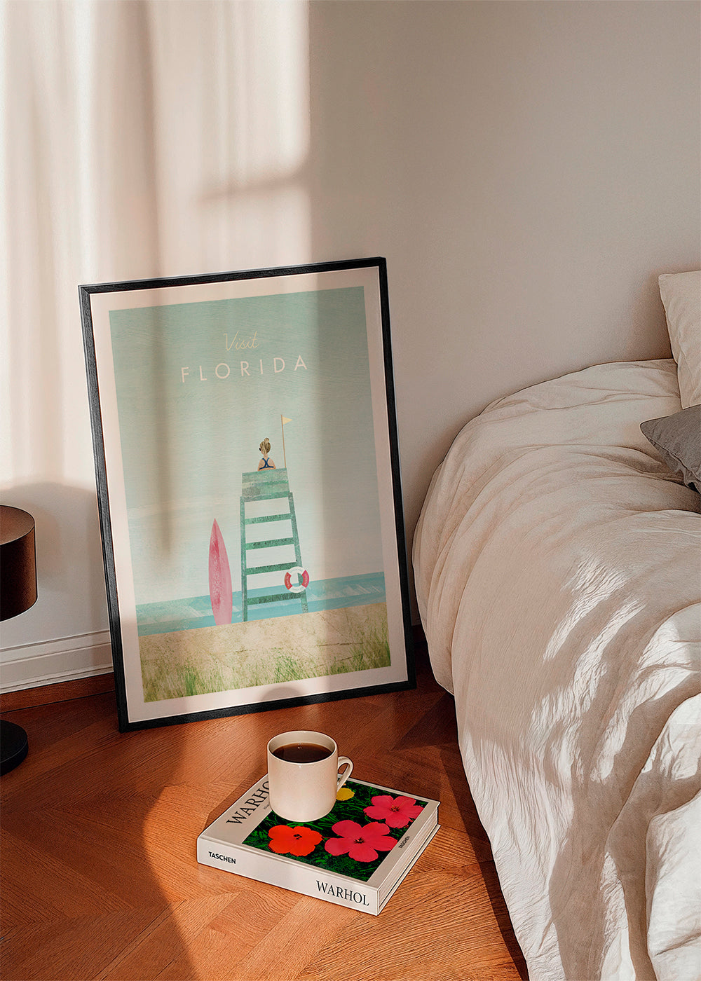 Illustration Florida strand med vagttårn og surfbræt