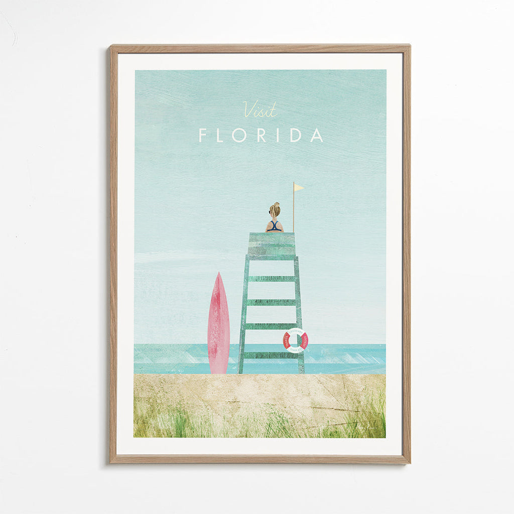 Illustration Florida strand med vagttårn og surfbræt