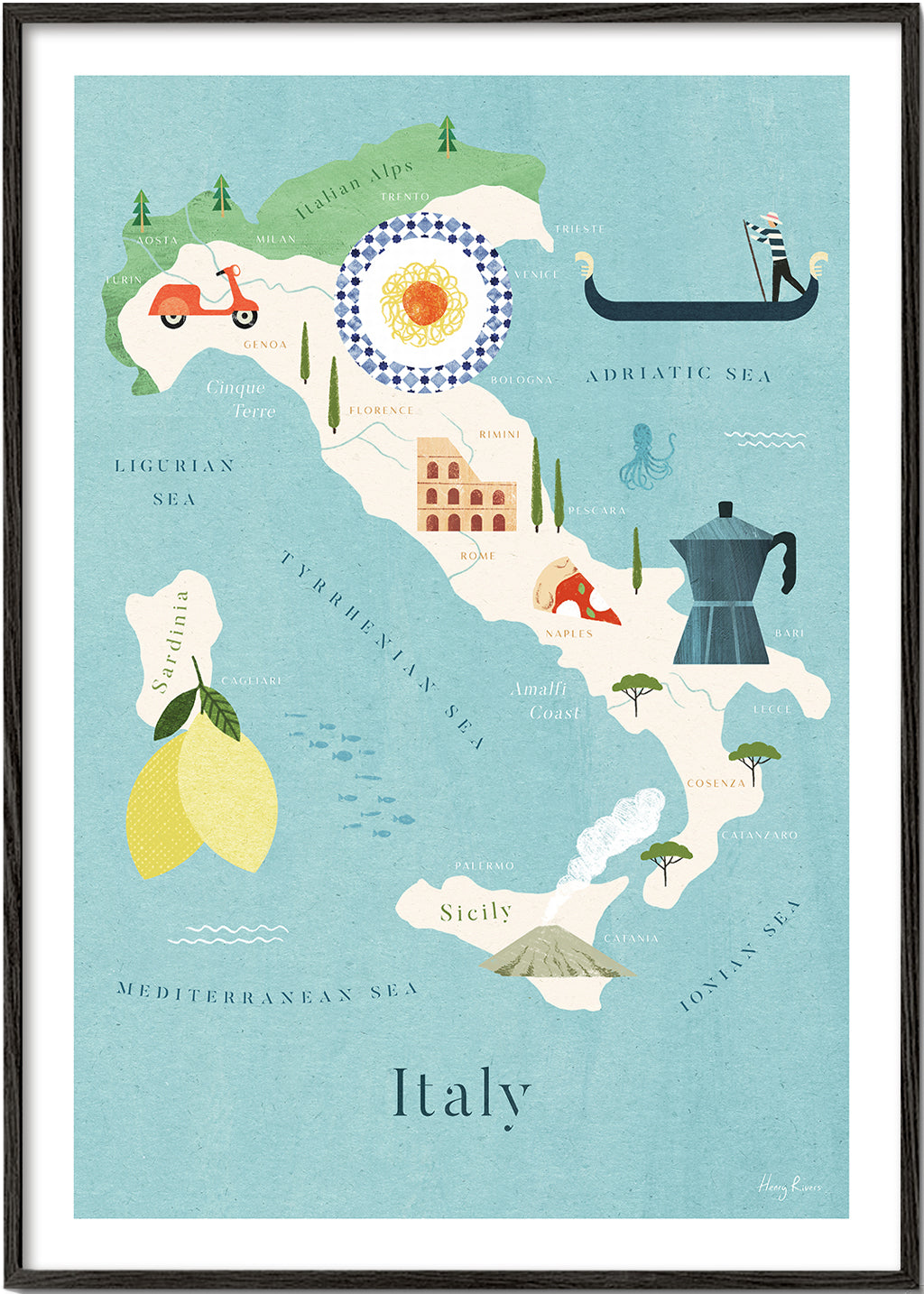 Rejseplakat: illustreret kort over Italien med kulinariske ikoner