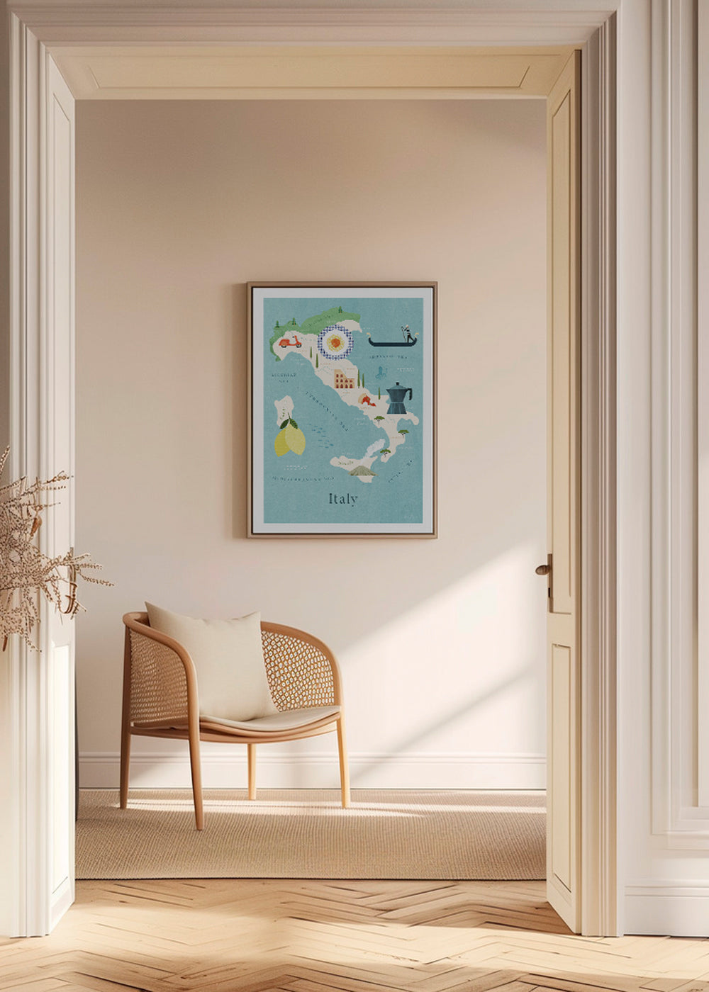 Rejseplakat: illustreret kort over Italien med kulinariske ikoner