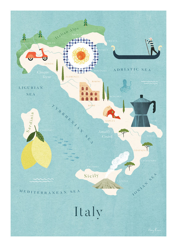 Rejseplakat: illustreret kort over Italien med kulinariske ikoner
