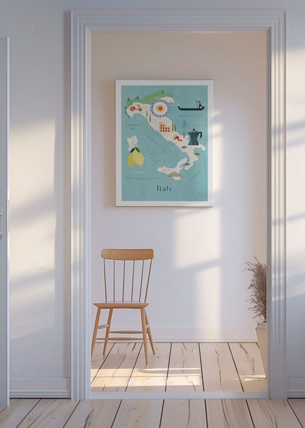 Rejseplakat: illustreret kort over Italien med kulinariske ikoner