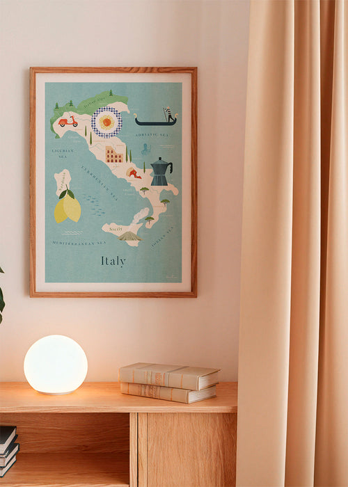 Rejseplakat: illustreret kort over Italien med kulinariske ikoner