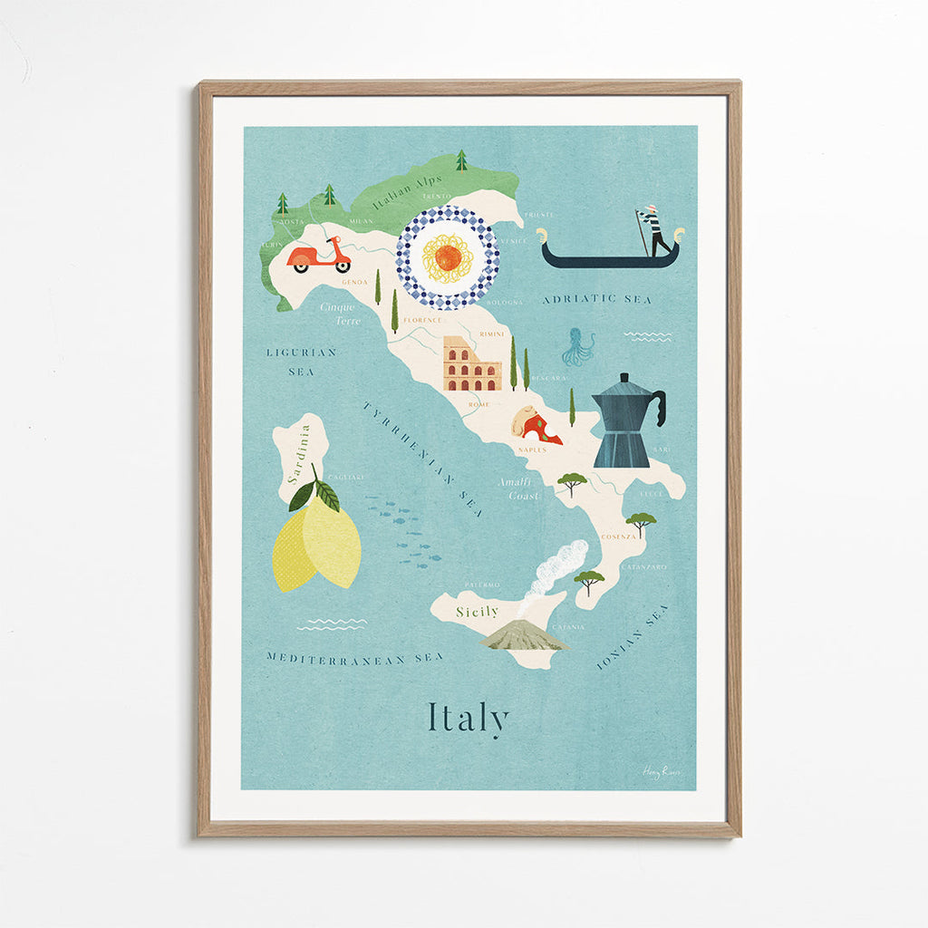 Rejseplakat: illustreret kort over Italien med kulinariske ikoner