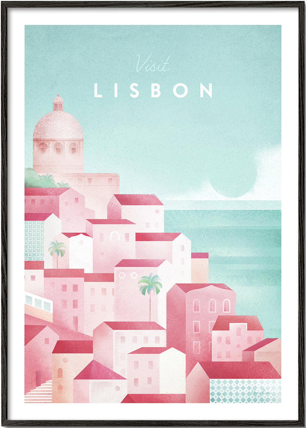 Rejseplakat Lissabon i rosa og aqua