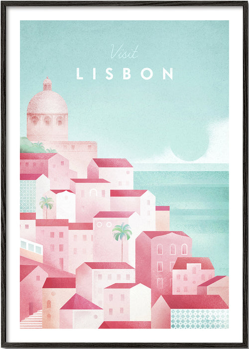 Rejseplakat Lissabon i rosa og aqua
