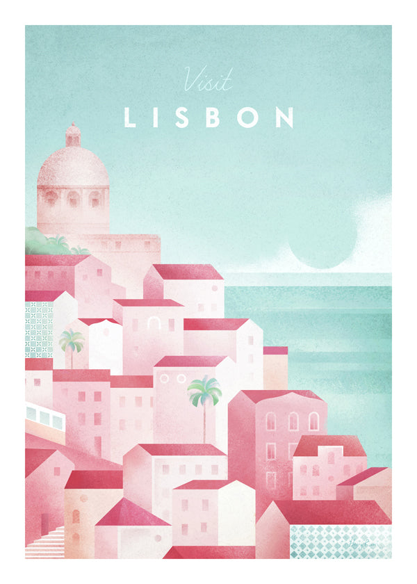 Rejseplakat Lissabon i rosa og aqua