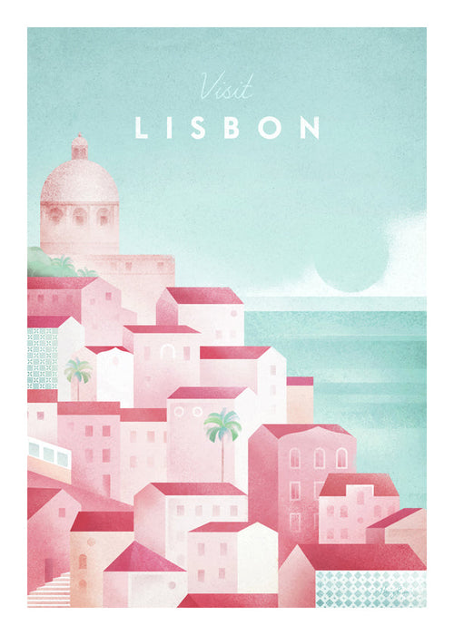 Rejseplakat Lissabon i rosa og aqua