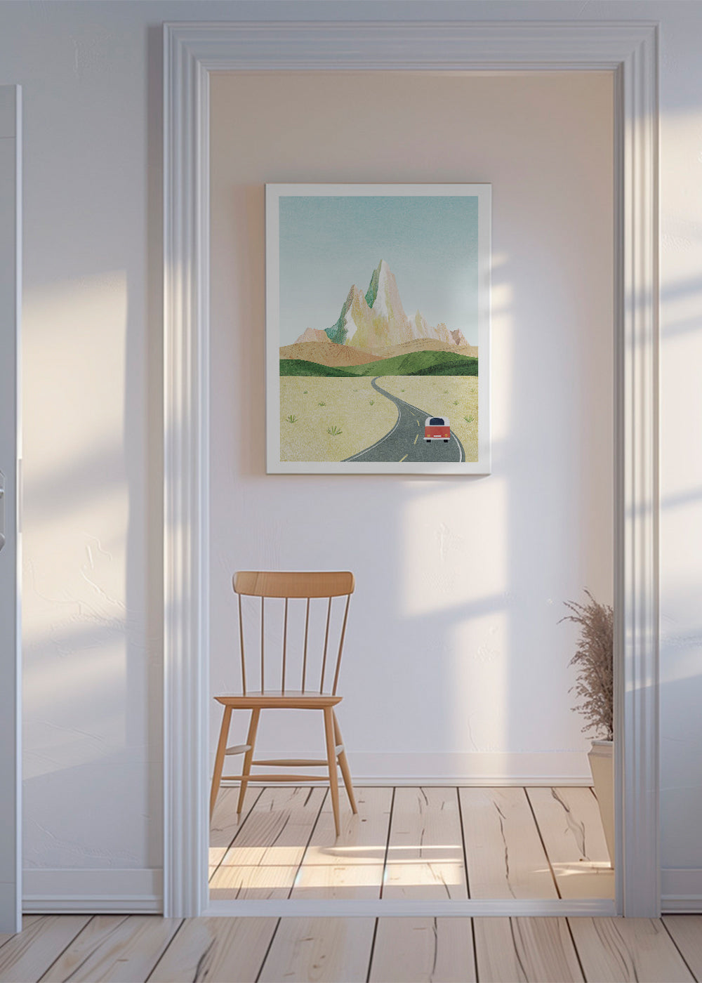 Landskabskunst: snoet vej og pastel bjerg