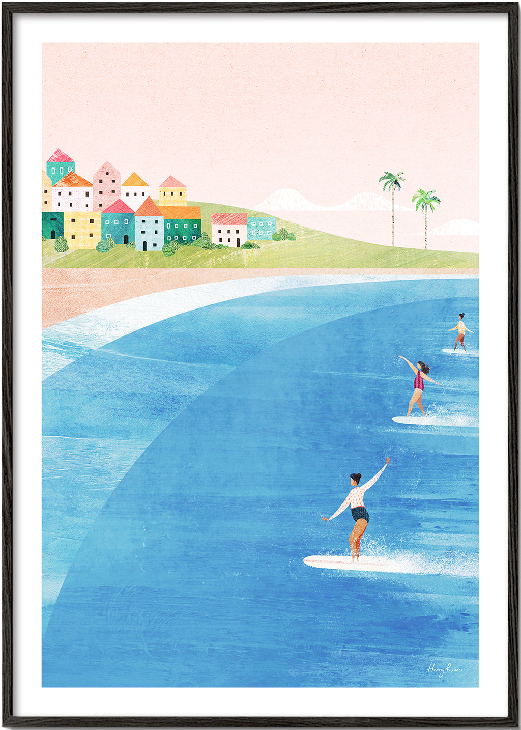 Sportkunst med surfere på pastelfarvet strand