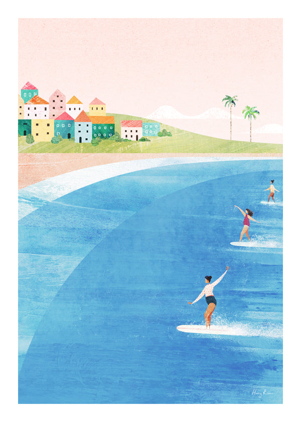 Sportkunst med surfere på pastelfarvet strand