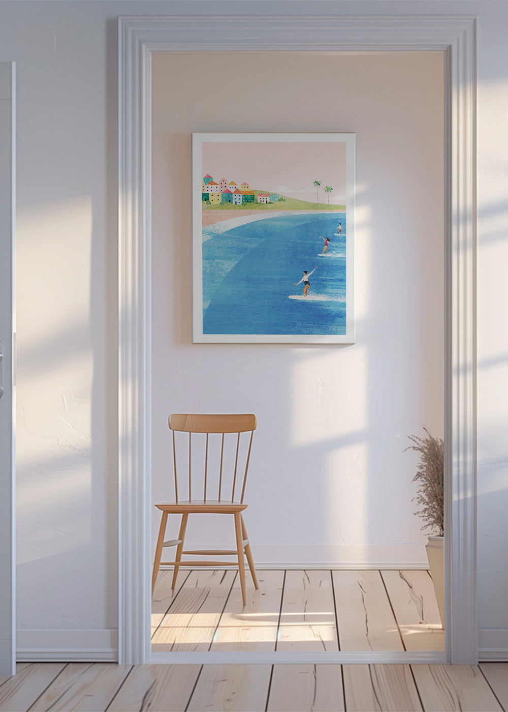 Sportkunst med surfere på pastelfarvet strand