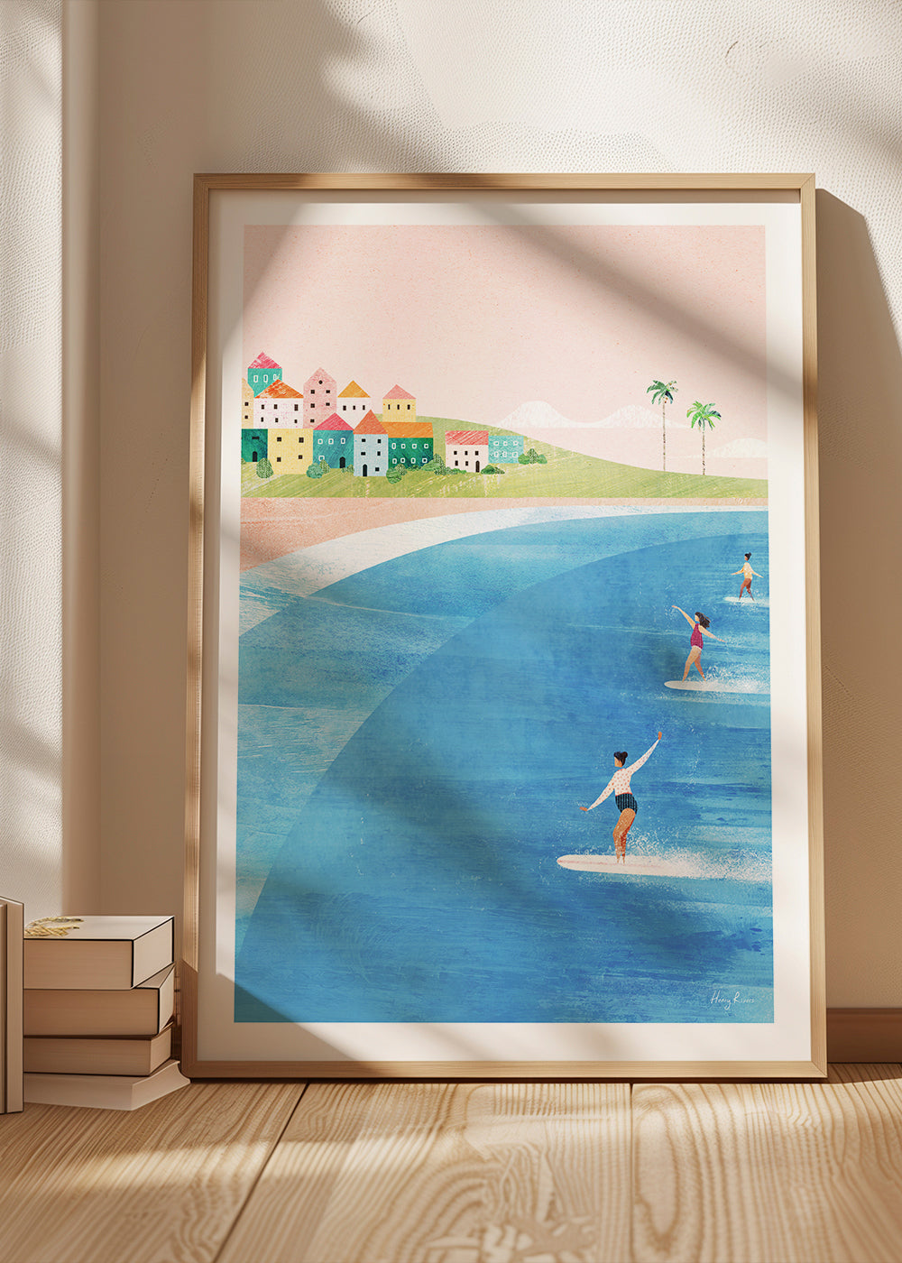 Sportkunst med surfere på pastelfarvet strand