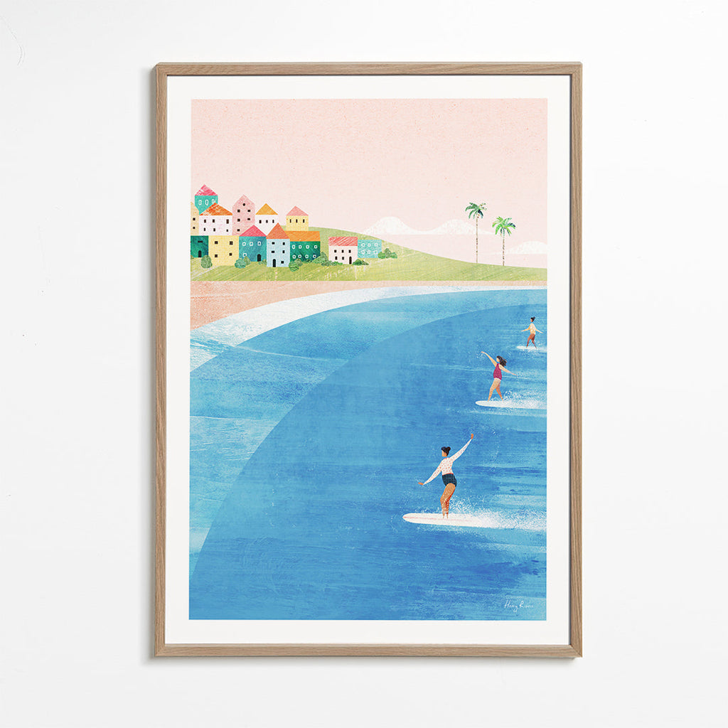 Sportkunst med surfere på pastelfarvet strand