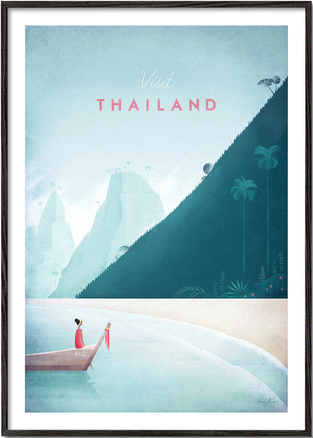 Rejseplakat strandmotiv med mole i vintage-stil