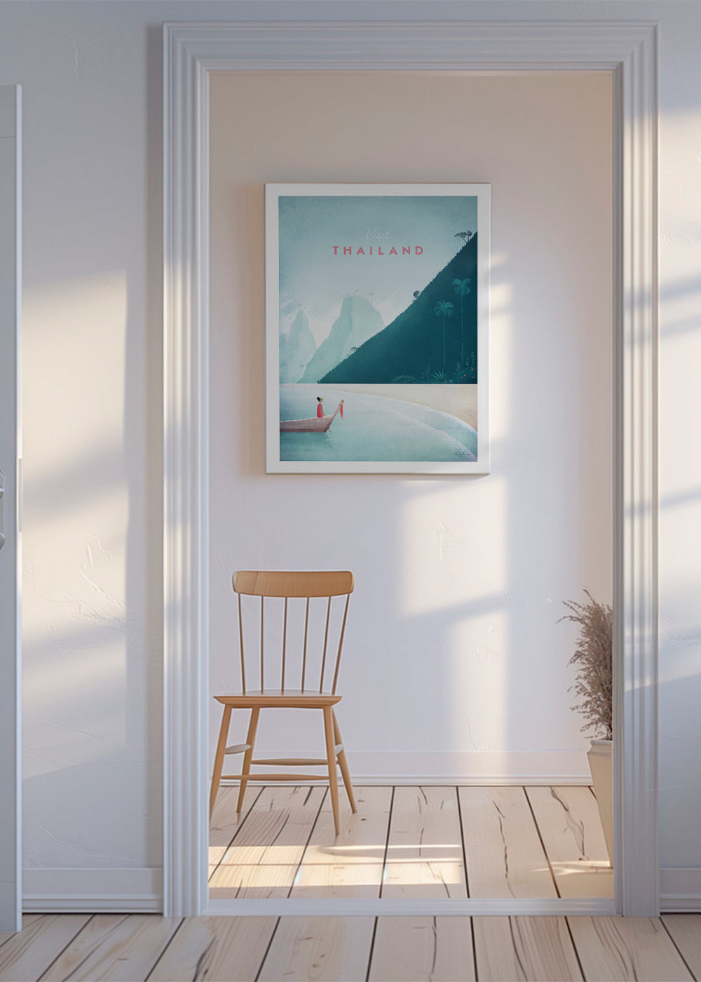 Rejseplakat strandmotiv med mole i vintage-stil