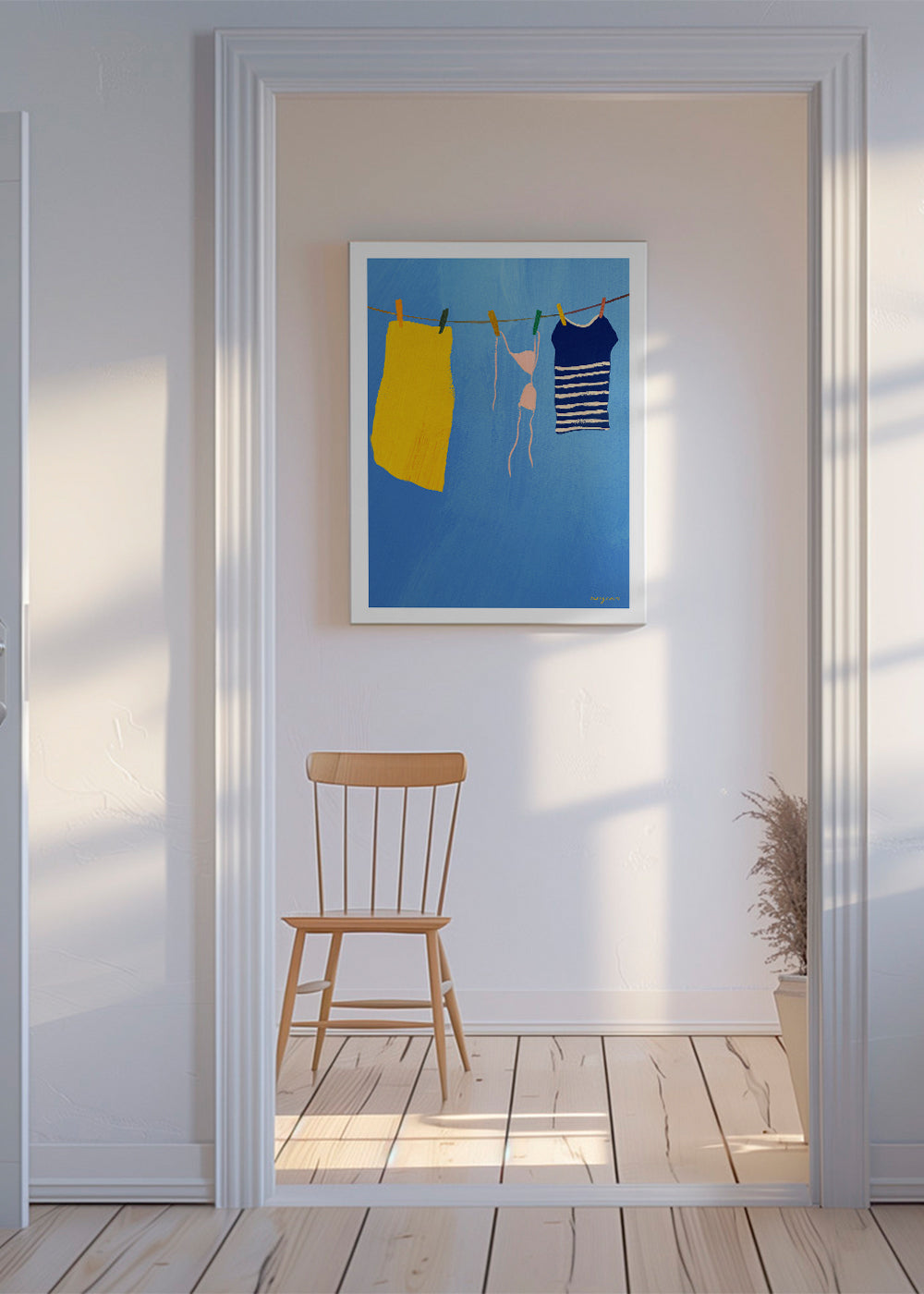 Illustration vasketøj på snor mod blåt baggrund