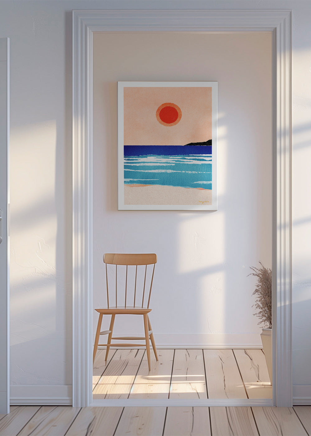 Landskabskunst: minimalistisk solopgang over havet