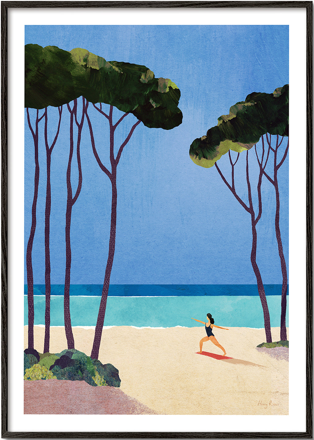Afslappende design: yoga på stranden under fyr