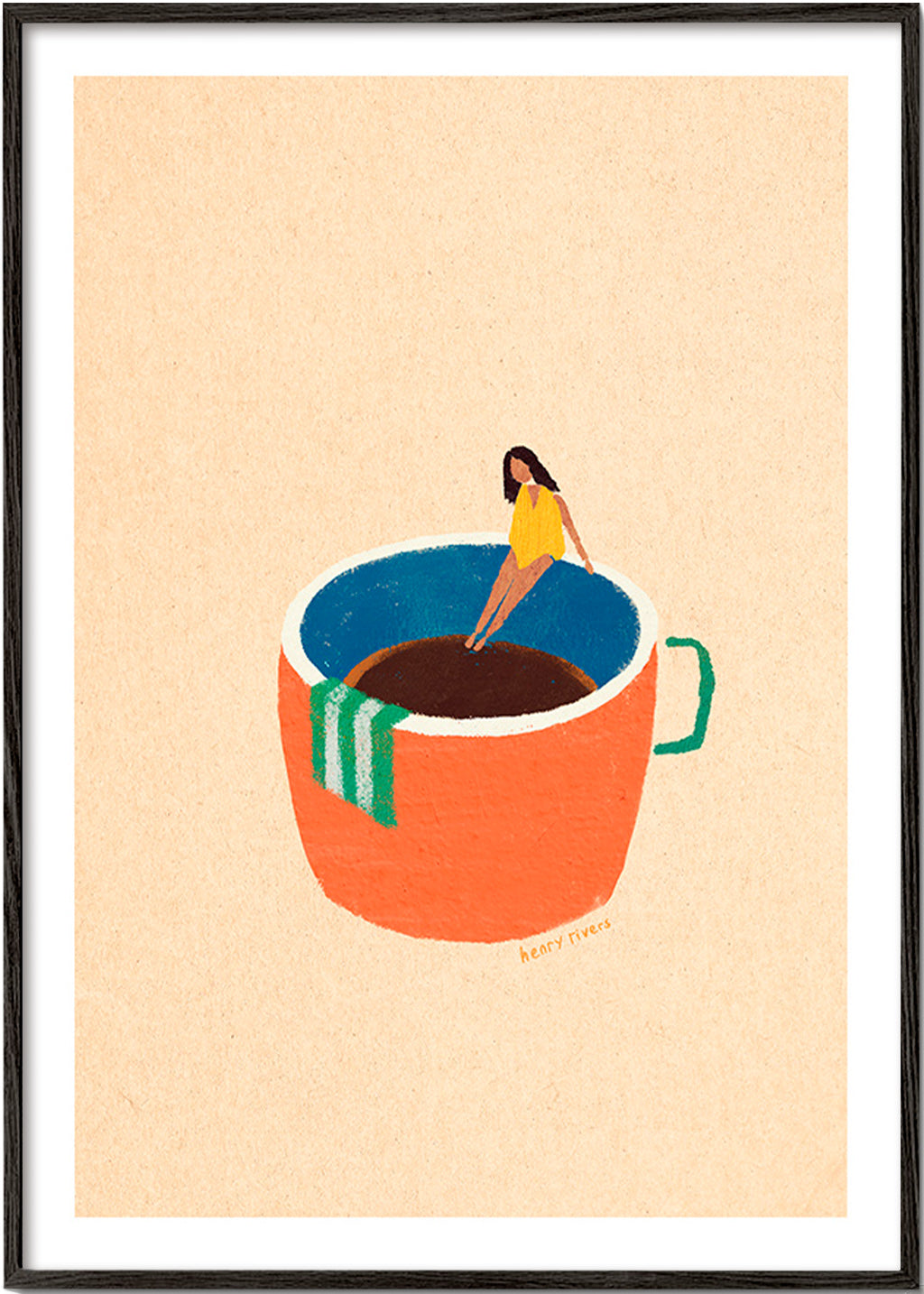 Køkkenkunst med illustreret kaffekop og figur – Black Frame