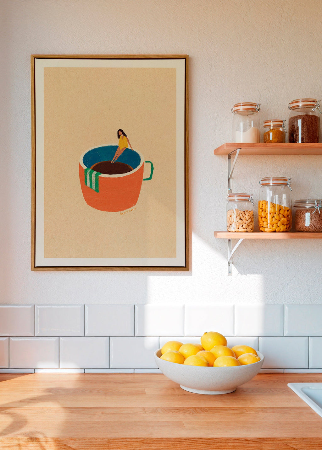 Køkkenkunst med illustreret kaffekop og figur – Canvas1
