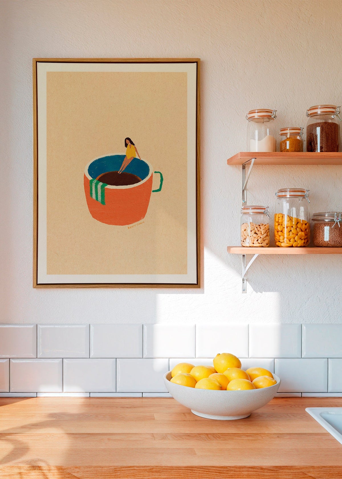 Køkkenkunst med illustreret kaffekop og figur – Canvas1