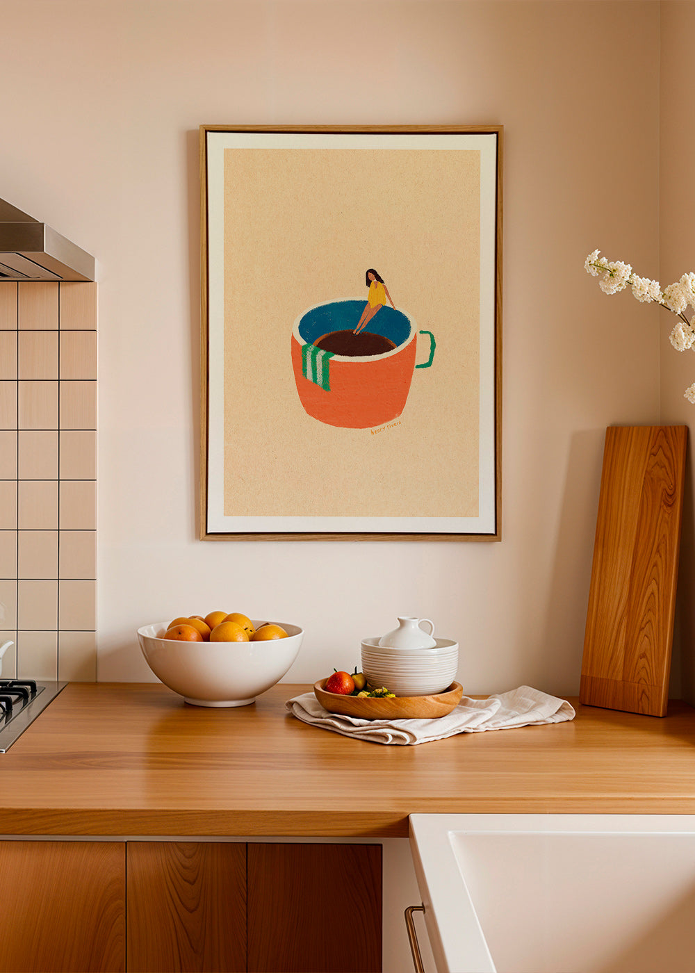 Køkkenkunst med illustreret kaffekop og figur – Canvas2