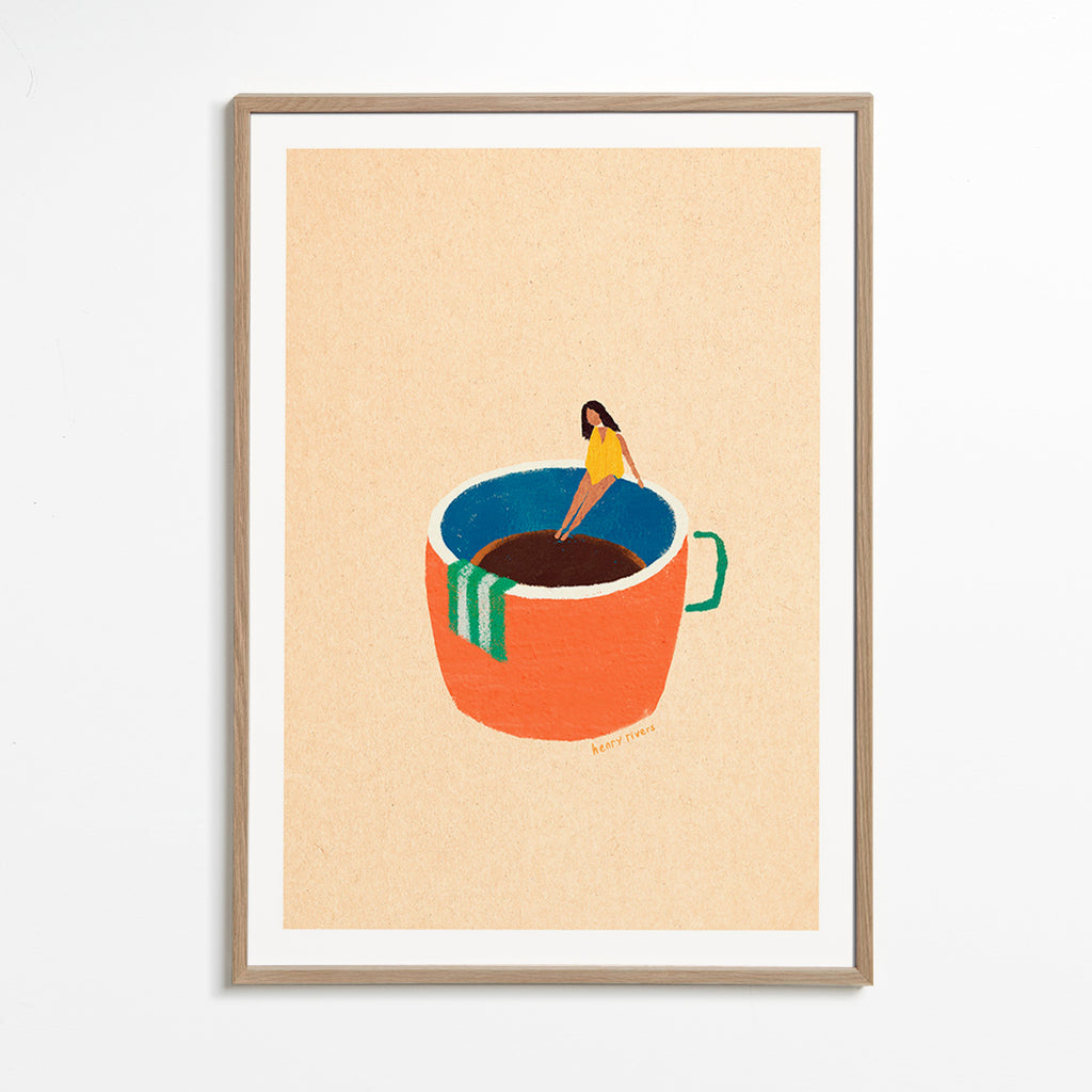 Køkkenkunst med illustreret kaffekop og figur – Oak Frame