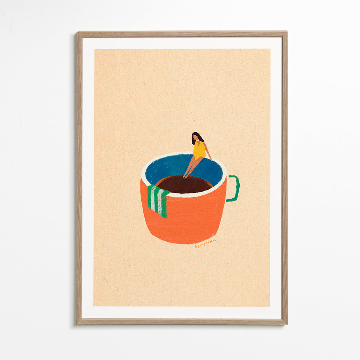 Køkkenkunst med illustreret kaffekop og figur – Oak Frame