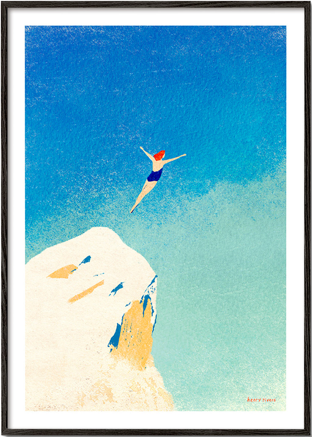 Illustration: klippehop mod en vid blå himmel – Black Frame
