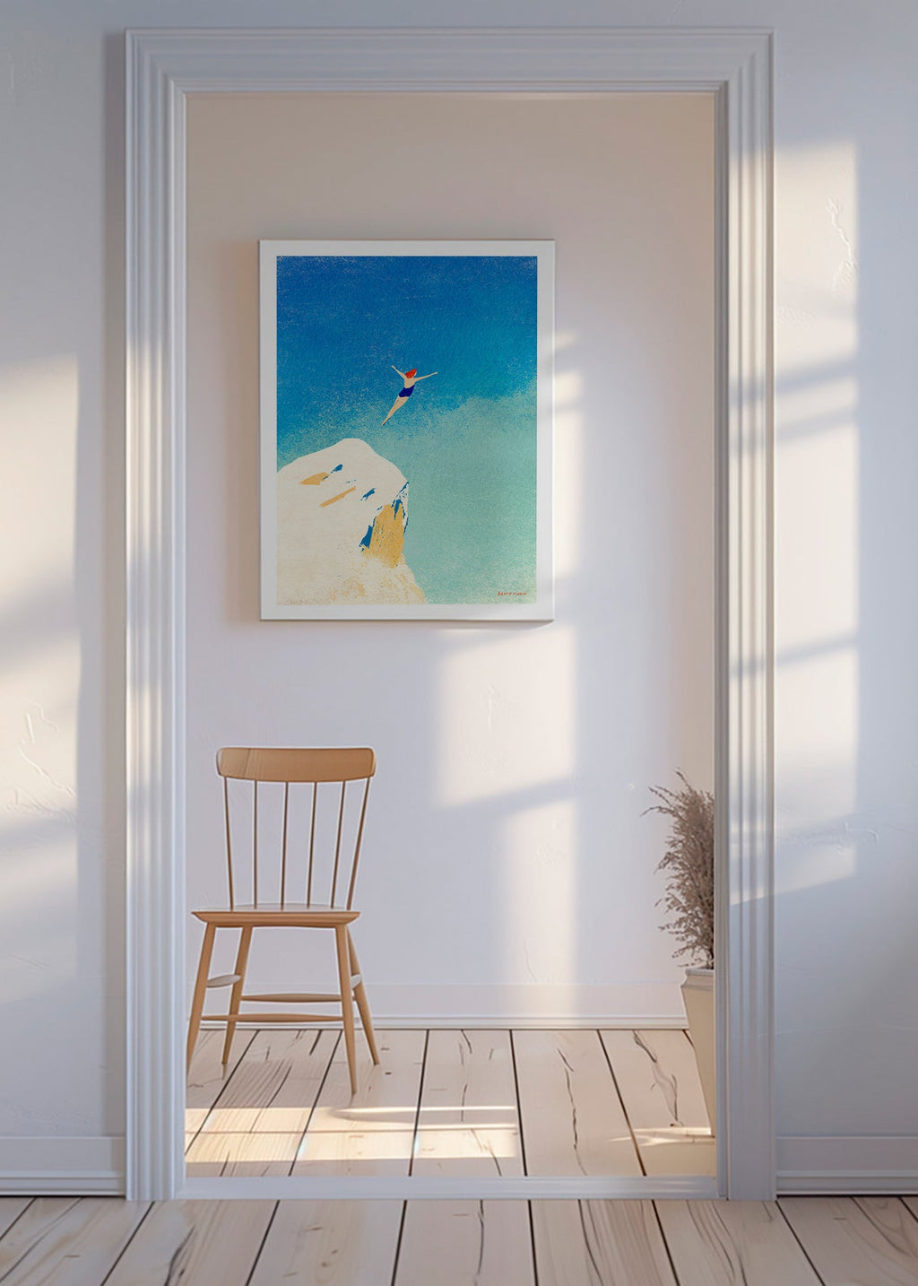 Illustration: klippehop mod en vid blå himmel – Canvas