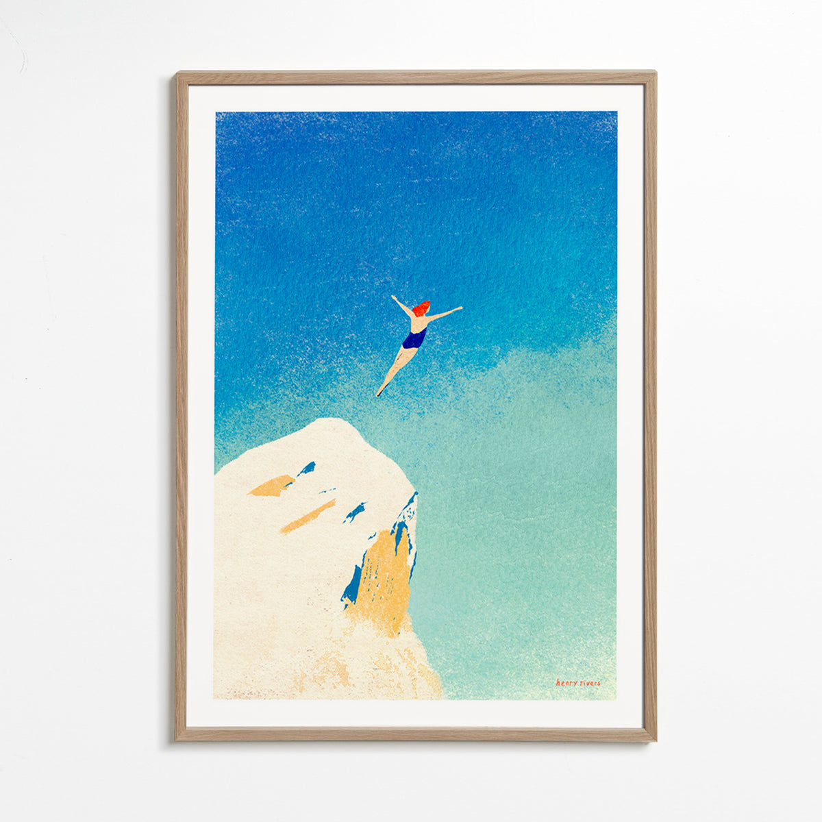Illustration: klippehop mod en vid blå himmel – Oak Frame
