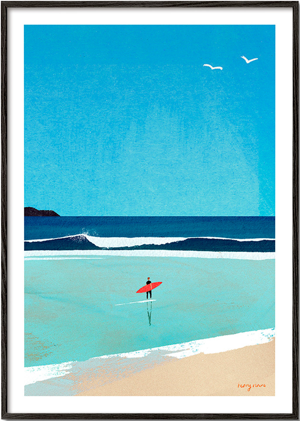 Sportkunst: surfer ved kysten – Black Frame