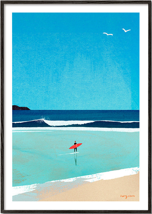 Sportkunst: surfer ved kysten – Black Frame
