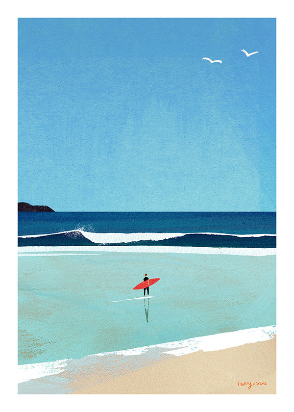 Sportkunst: surfer ved kysten